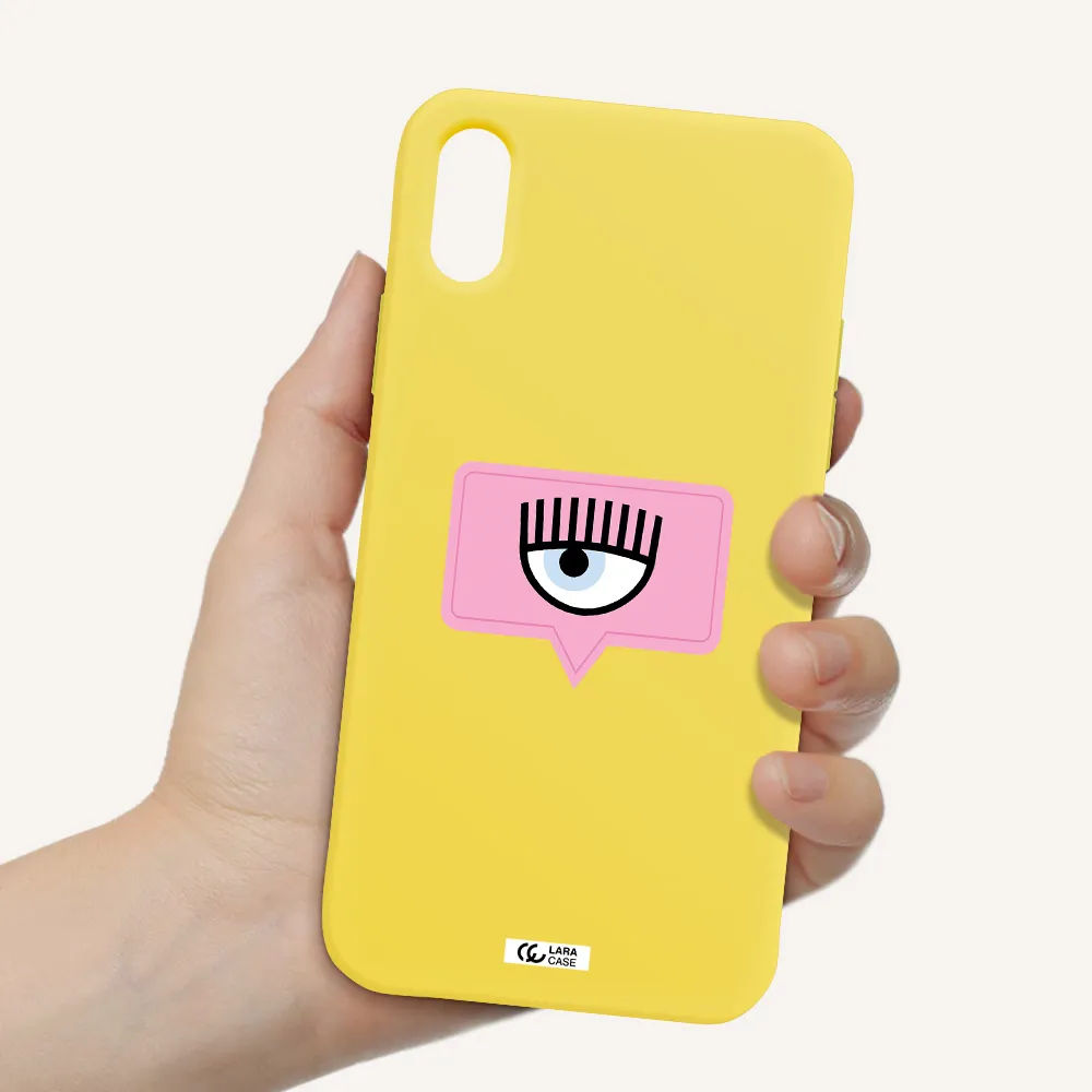 a pink chat bubble with eye and eyelashes Apple iPhone XS Silicone canary yellow Case