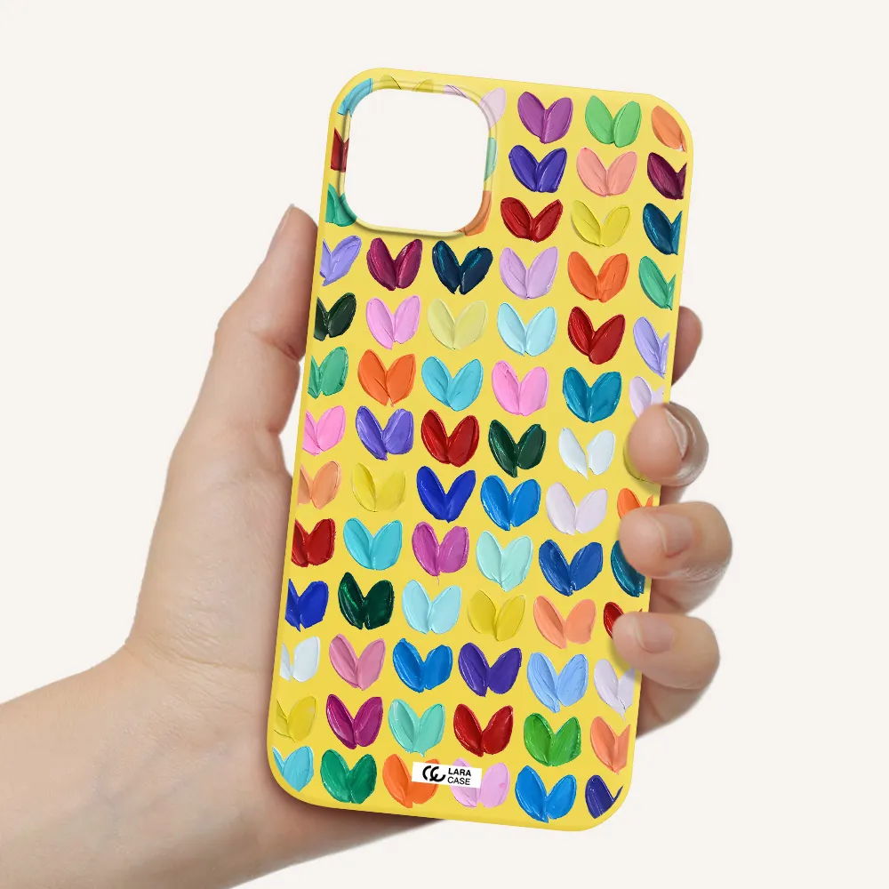 a close up of a color palette Apple iPhone 14 plus Silicone canary yellow Case