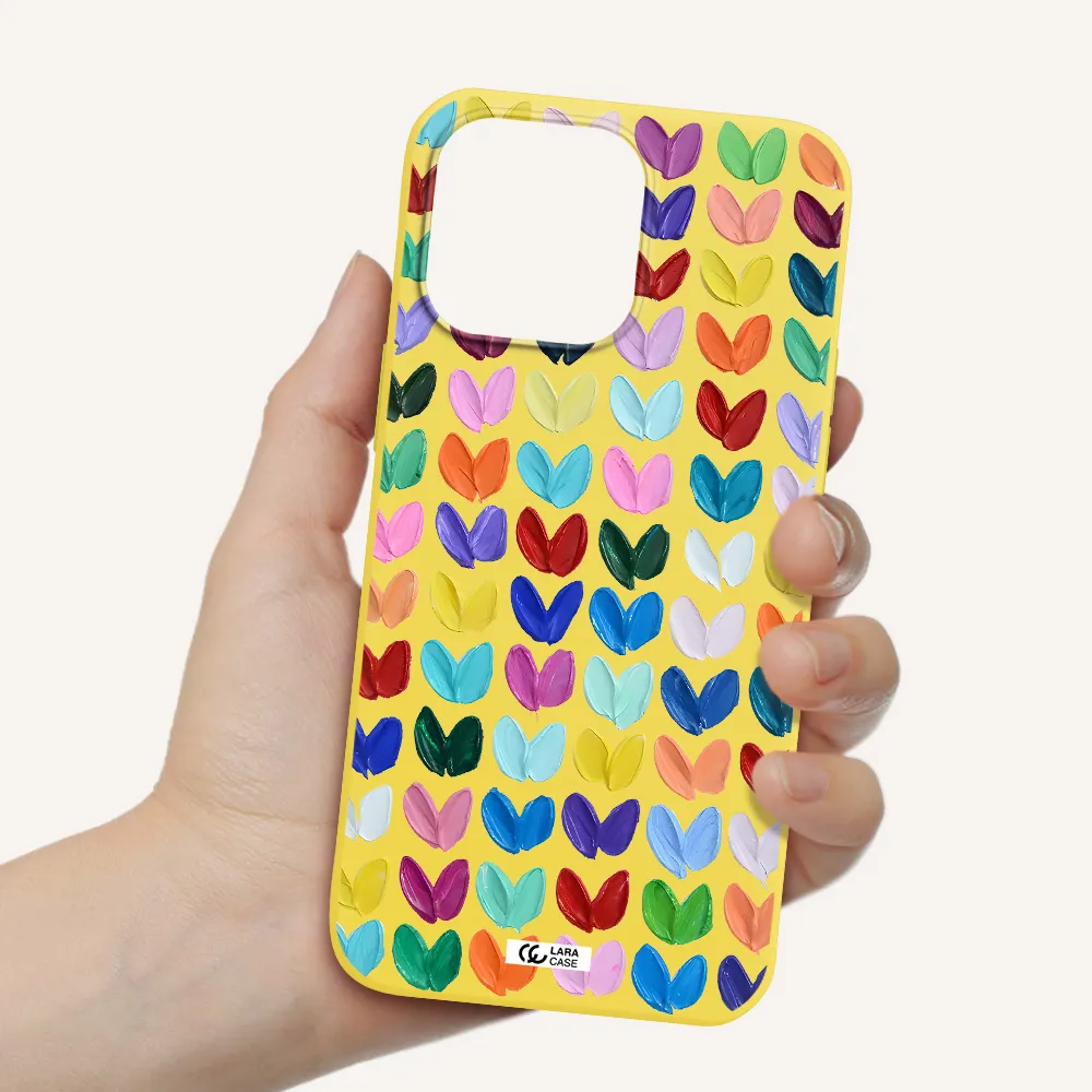 a close up of a color palette Apple iPhone 14 pro max Silicone canary yellow Case