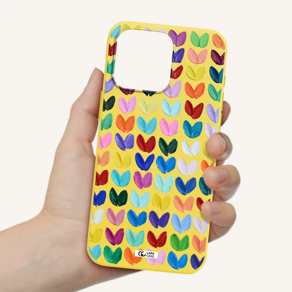 a close up of a color palette Apple Iphone 15 Pro max Silicone canary yellow Case