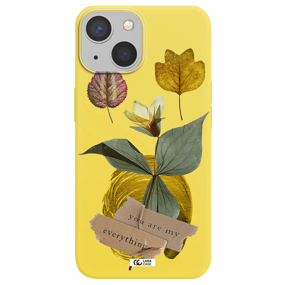 a flower with leaves and a box Apple iPhone 13 mini Silicone canary yellow Case