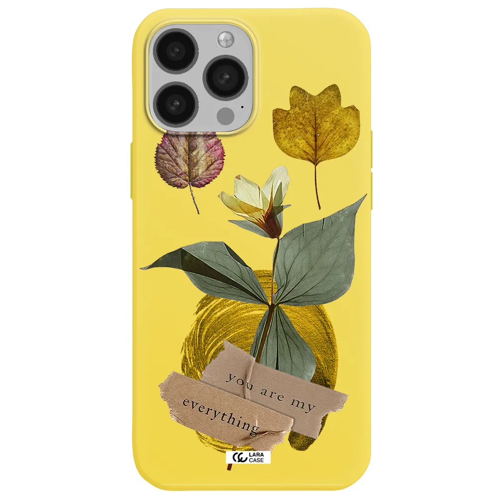 a flower with leaves and a box Apple iPhone 13 Pro Max Silicone canary yellow Case