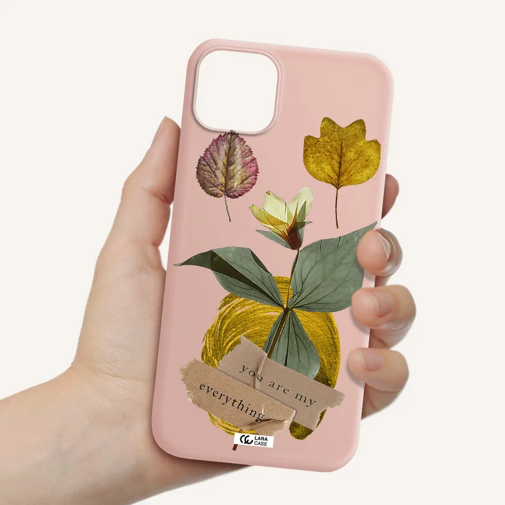 a flower with leaves and a box Apple iPhone 14 plus Silicone pastel pink Case