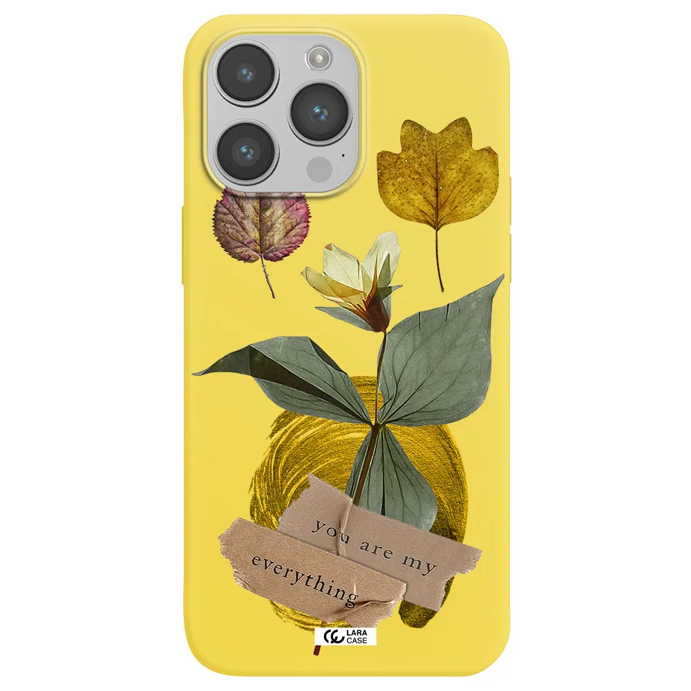 a flower with leaves and a box Apple iPhone 14 pro Silicone canary yellow Case