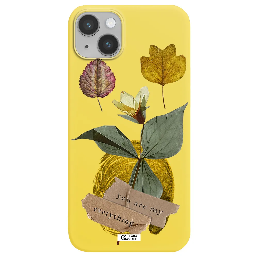 a flower with leaves and a box Apple iPhone 14 Silicone canary yellow Case