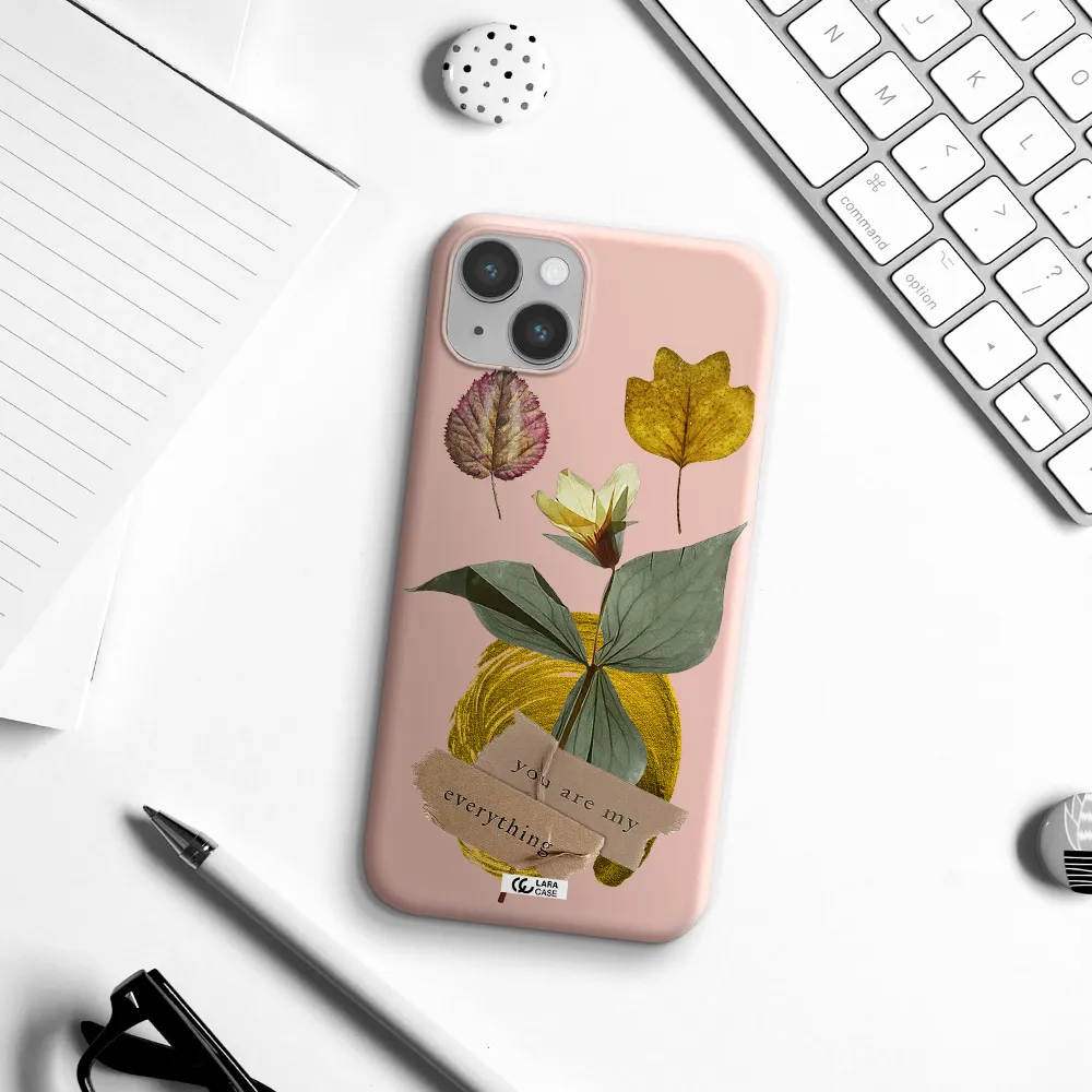 a flower with leaves and a box Apple iPhone 14 Silicone pastel pink Case