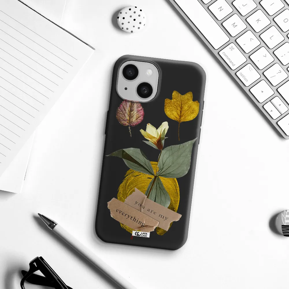 a flower with leaves and a box Apple iPhone 15 Silicone black Case