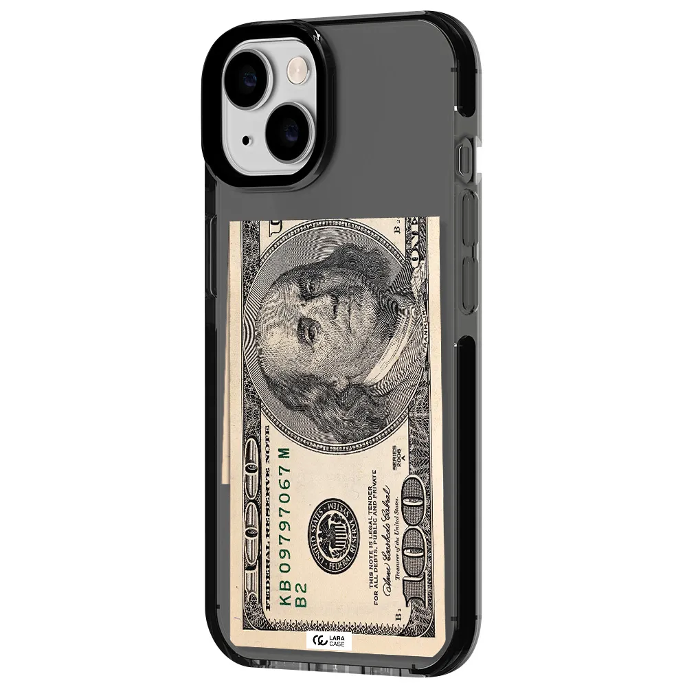 a close-up of a money bill Apple iPhone 14 impact Smoke Black Case