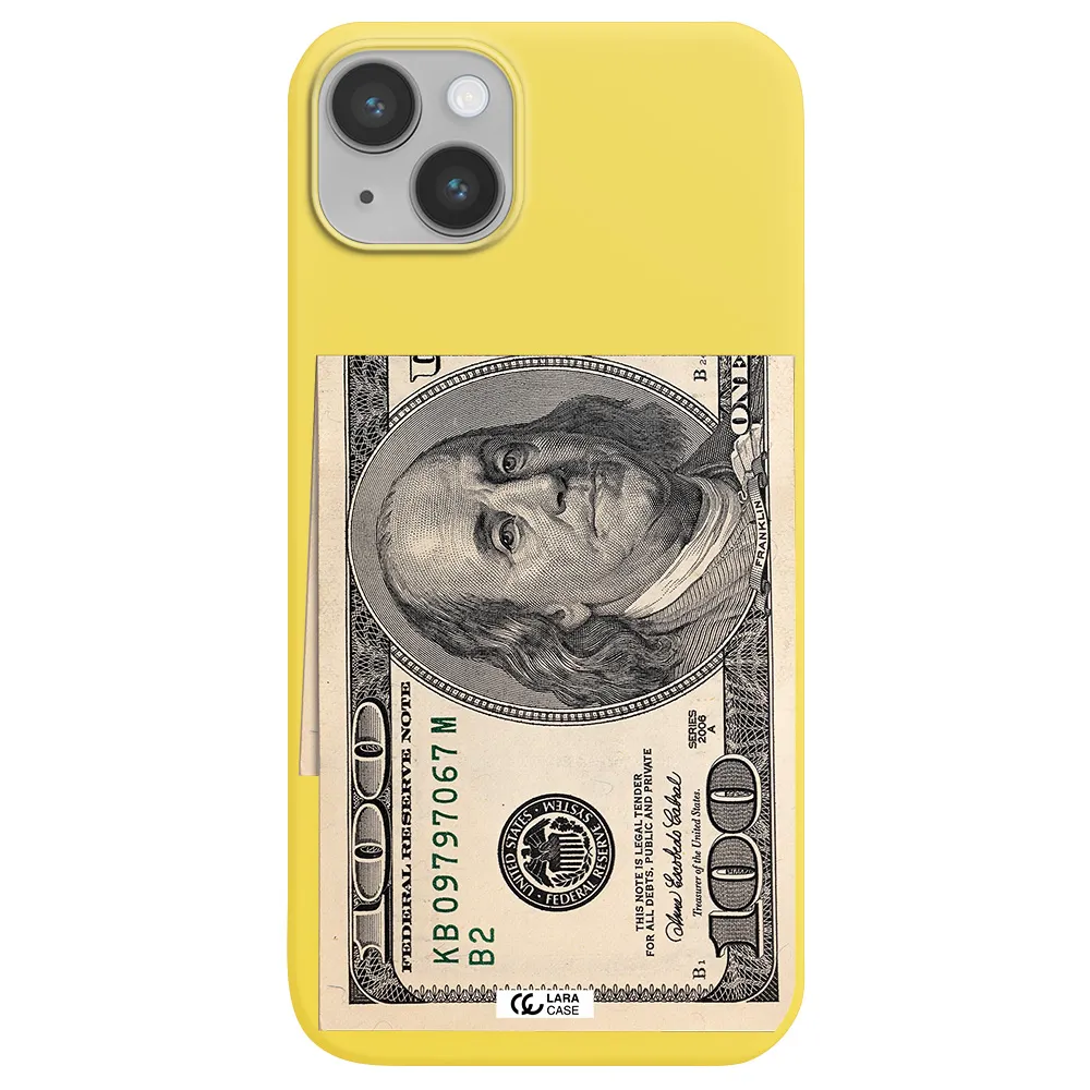 a close-up of a money bill Apple iPhone 14 plus Silicone canary yellow Case