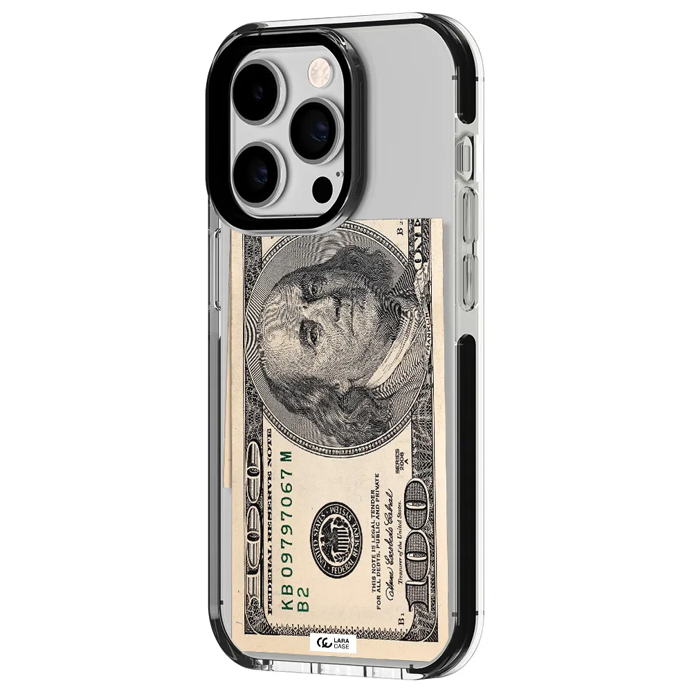 a close-up of a money bill Apple iPhone 14 pro impact black border Case