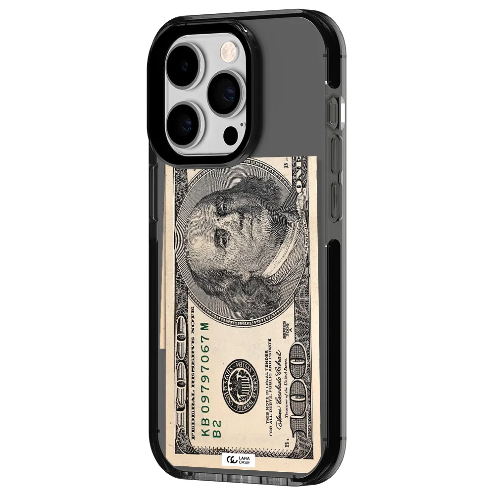 a close-up of a money bill Apple iPhone 14 pro impact Smoke Black Case
