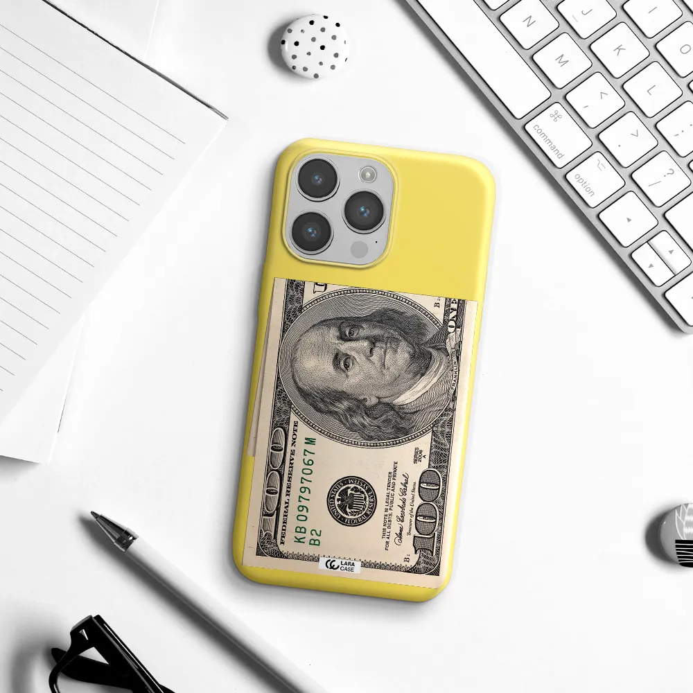 a close-up of a money bill Apple iPhone 14 pro max Silicone canary yellow Case