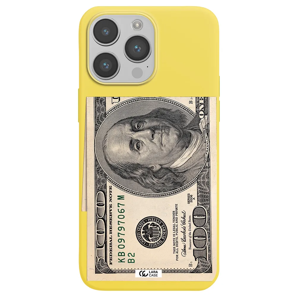 a close-up of a money bill Apple iPhone 14 pro Silicone canary yellow Case