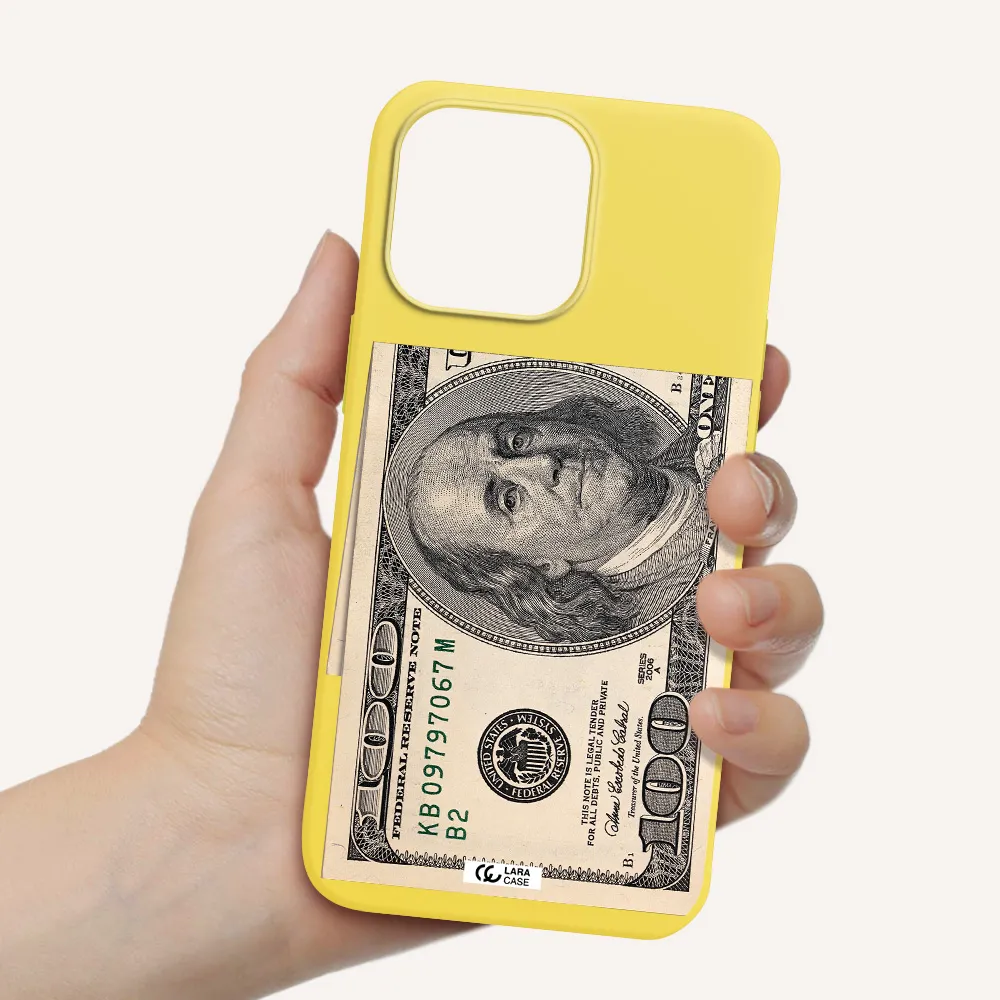 a close-up of a money bill Apple iPhone 14 pro Silicone canary yellow Case