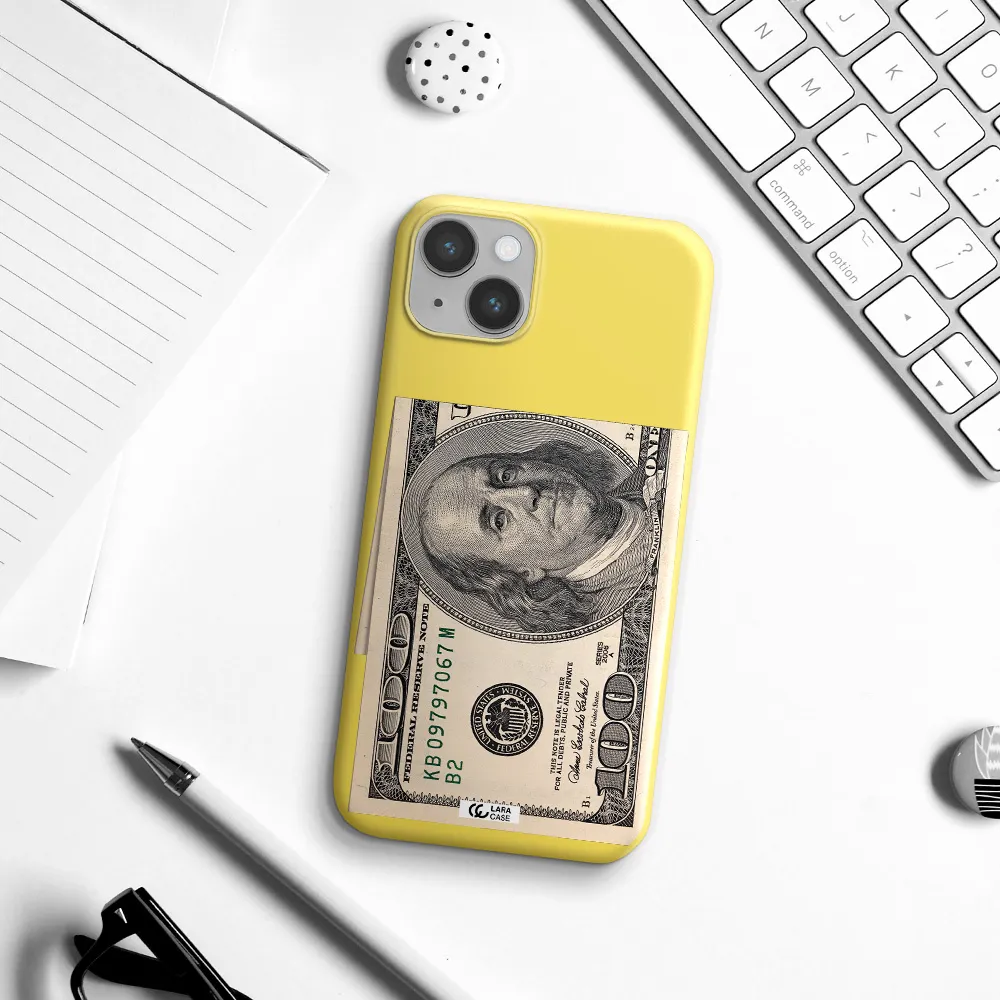 a close-up of a money bill Apple iPhone 14 Silicone canary yellow Case