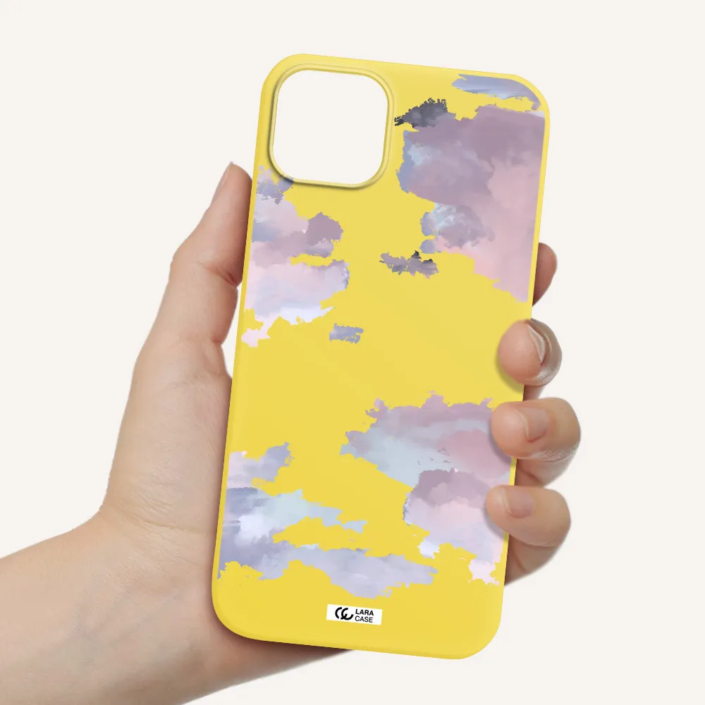 a close-up of a cloud Apple iPhone 14 plus Silicone canary yellow Case