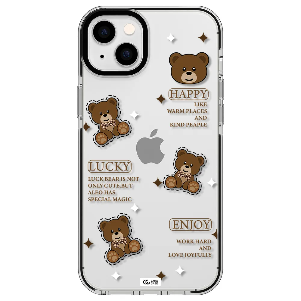a collection of teddy bears Apple iPhone 14 plus impact black border Case