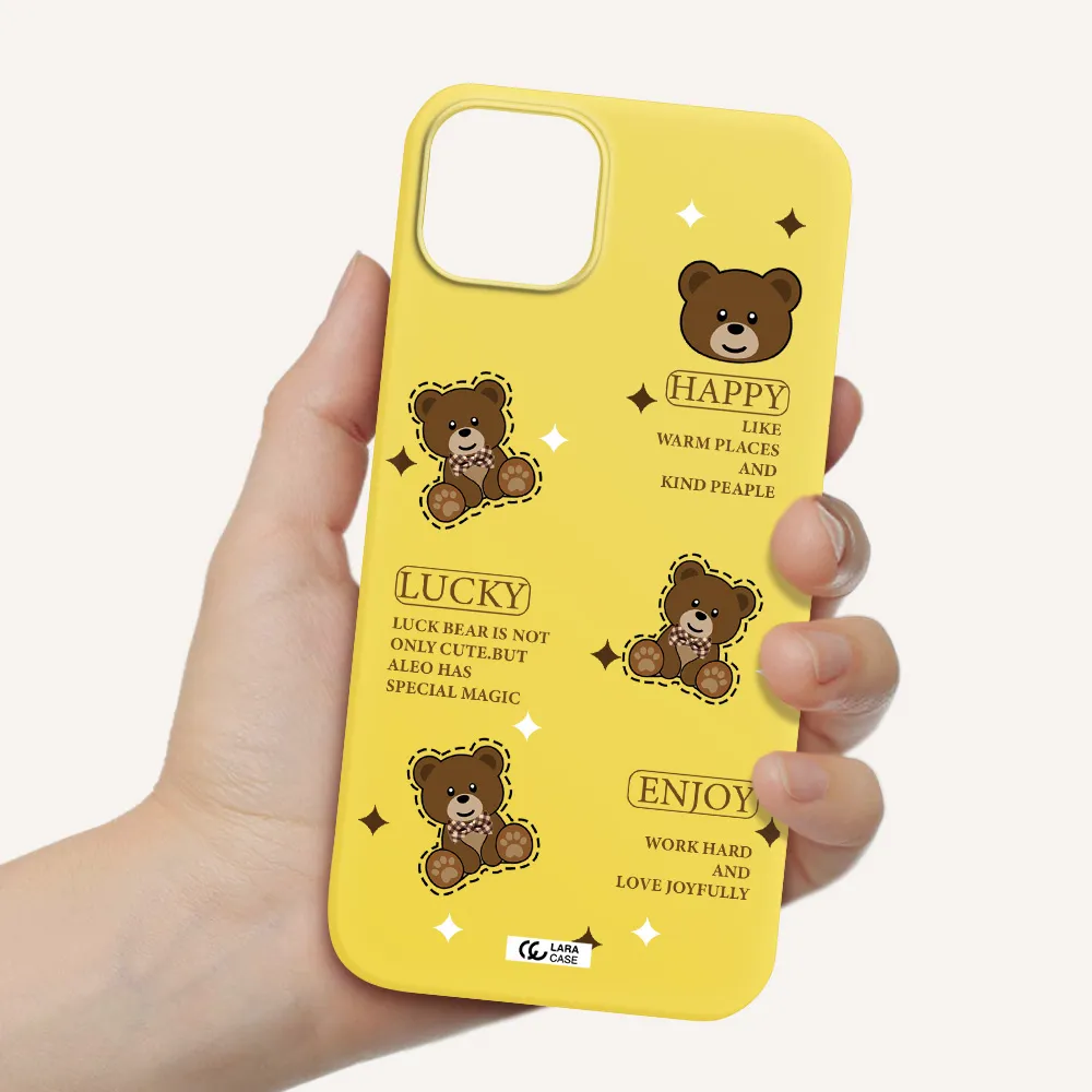 a collection of teddy bears Apple iPhone 14 plus Silicone canary yellow Case
