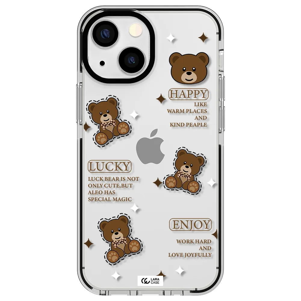 a collection of teddy bears Apple iPhone 15 impact black border Case