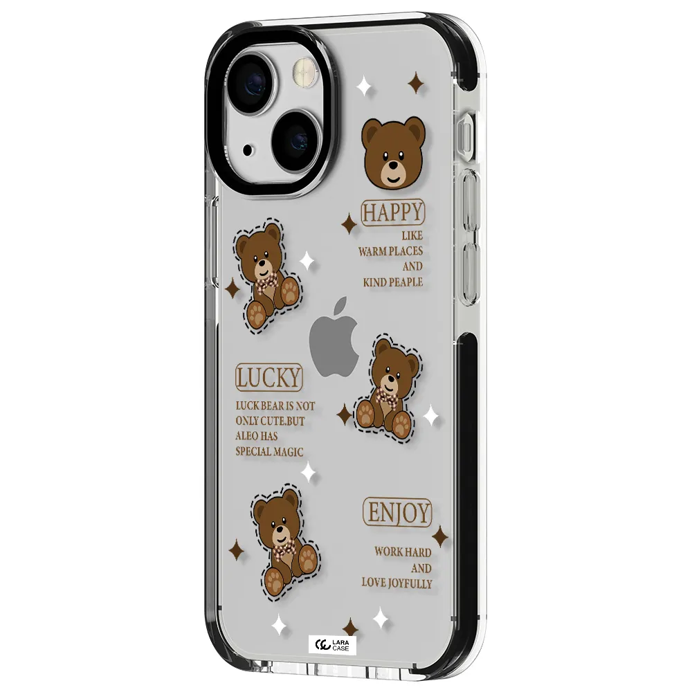 a collection of teddy bears Apple iPhone 15 impact black border Case