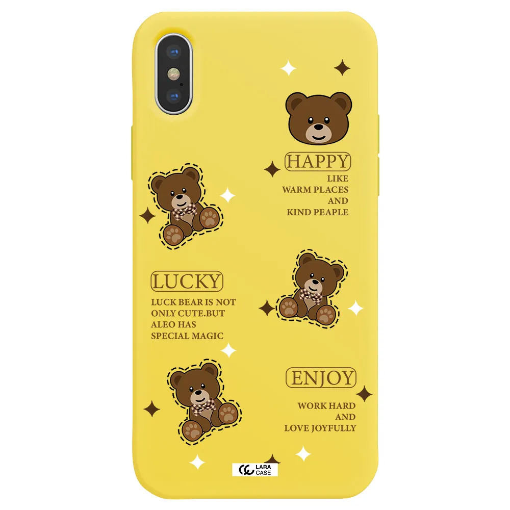 a collection of teddy bears Apple iPhone XS Silicone canary yellow Case