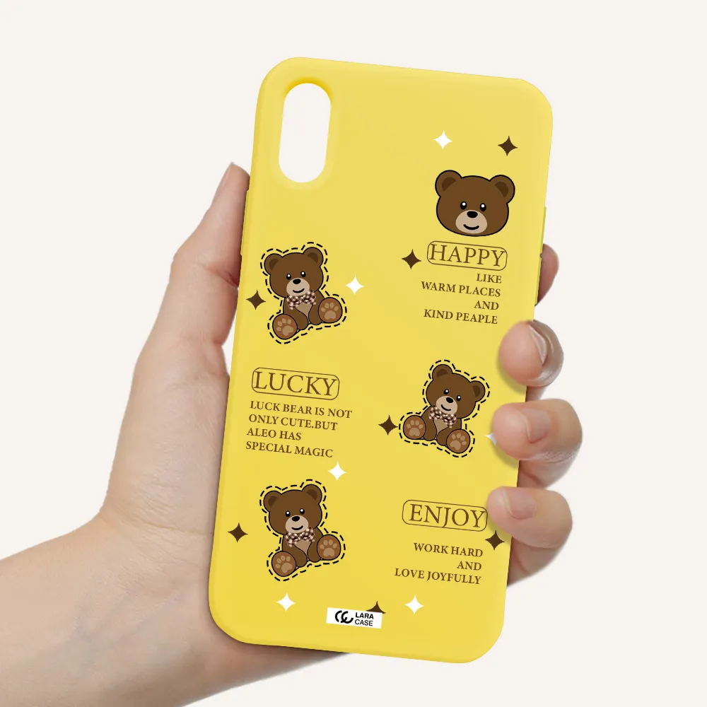 a collection of teddy bears Apple iPhone XS Silicone canary yellow Case