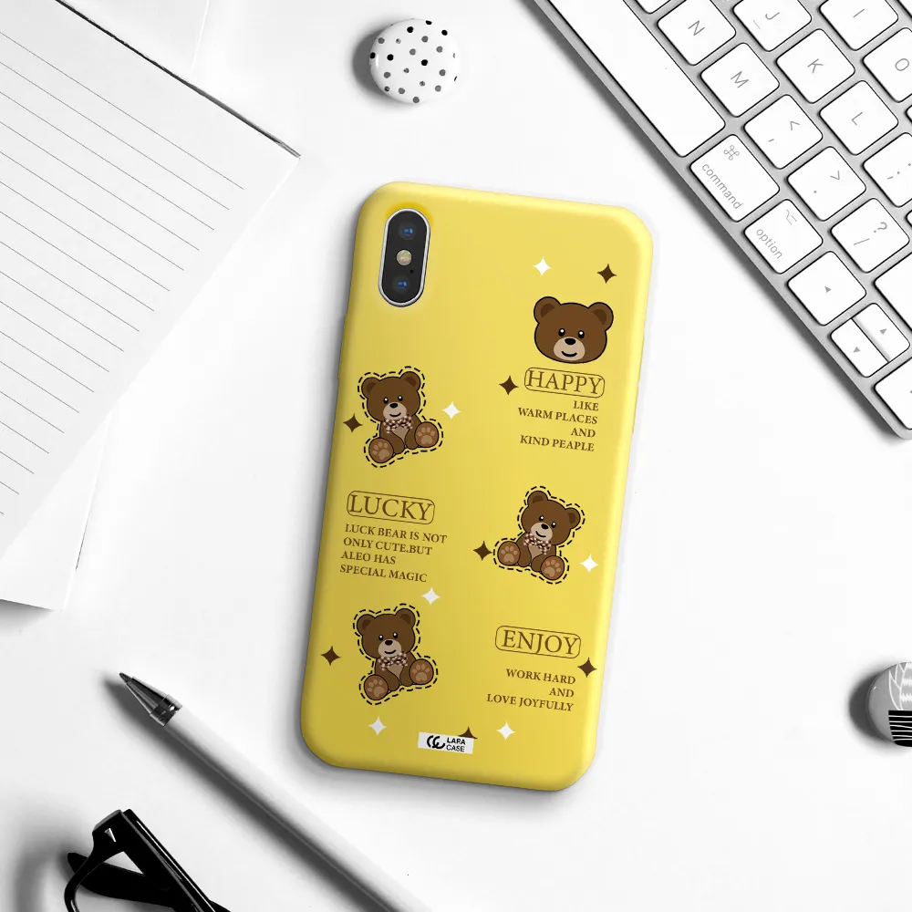 a collection of teddy bears Apple iPhone XS Silicone canary yellow Case
