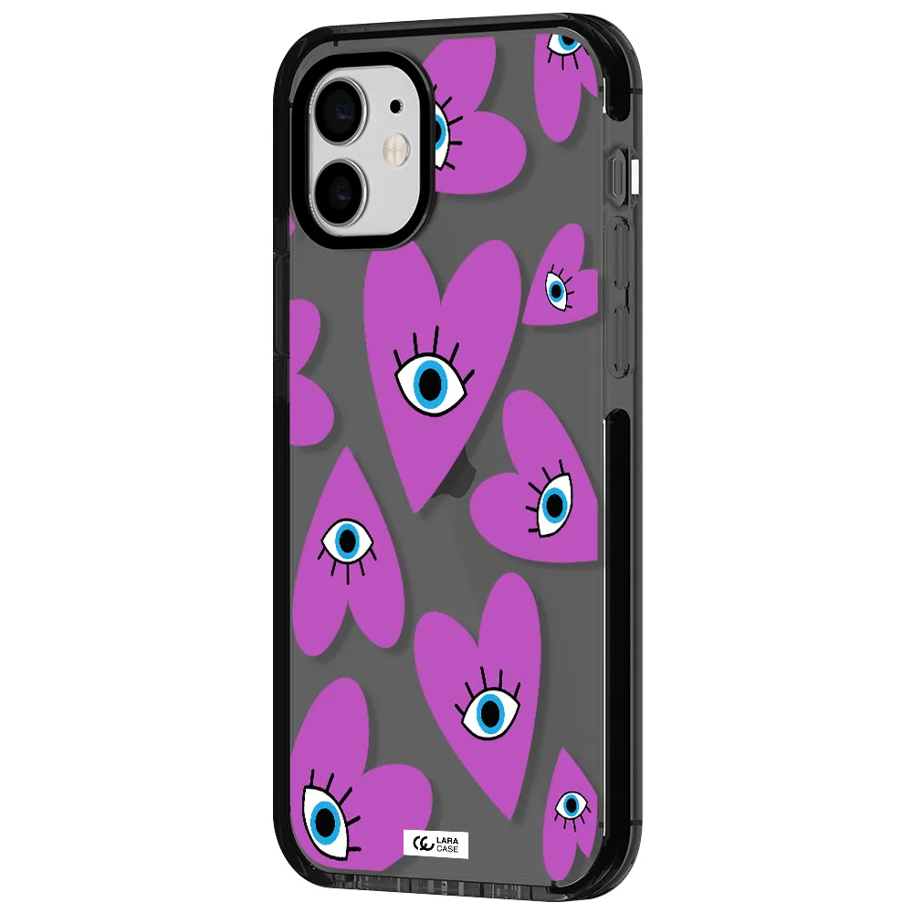a purple heart with eyes and a black eye Apple iPhone 11 impact Smoke Black Case