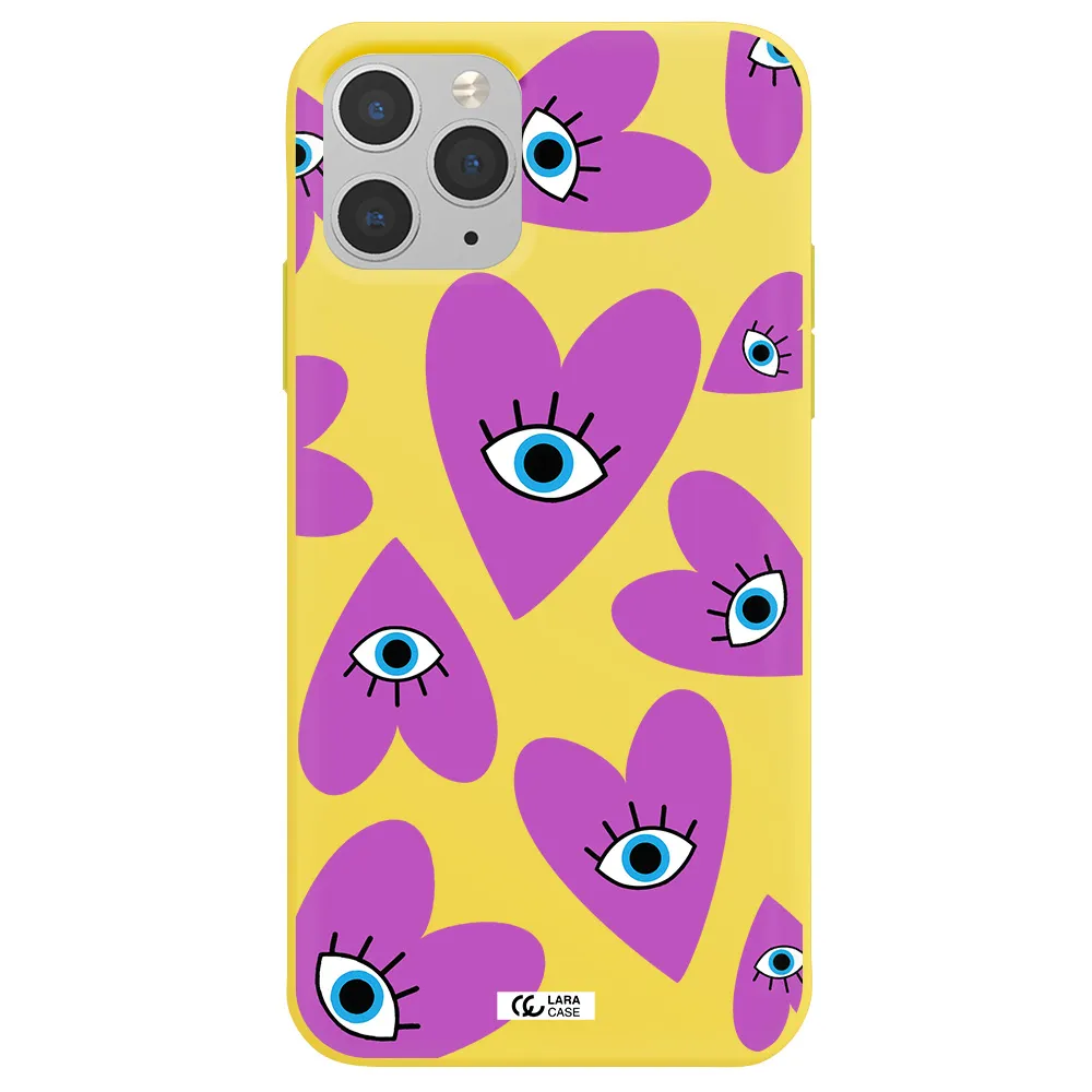 a purple heart with eyes and a black eye Apple iPhone 11 pro Silicone canary yellow Case