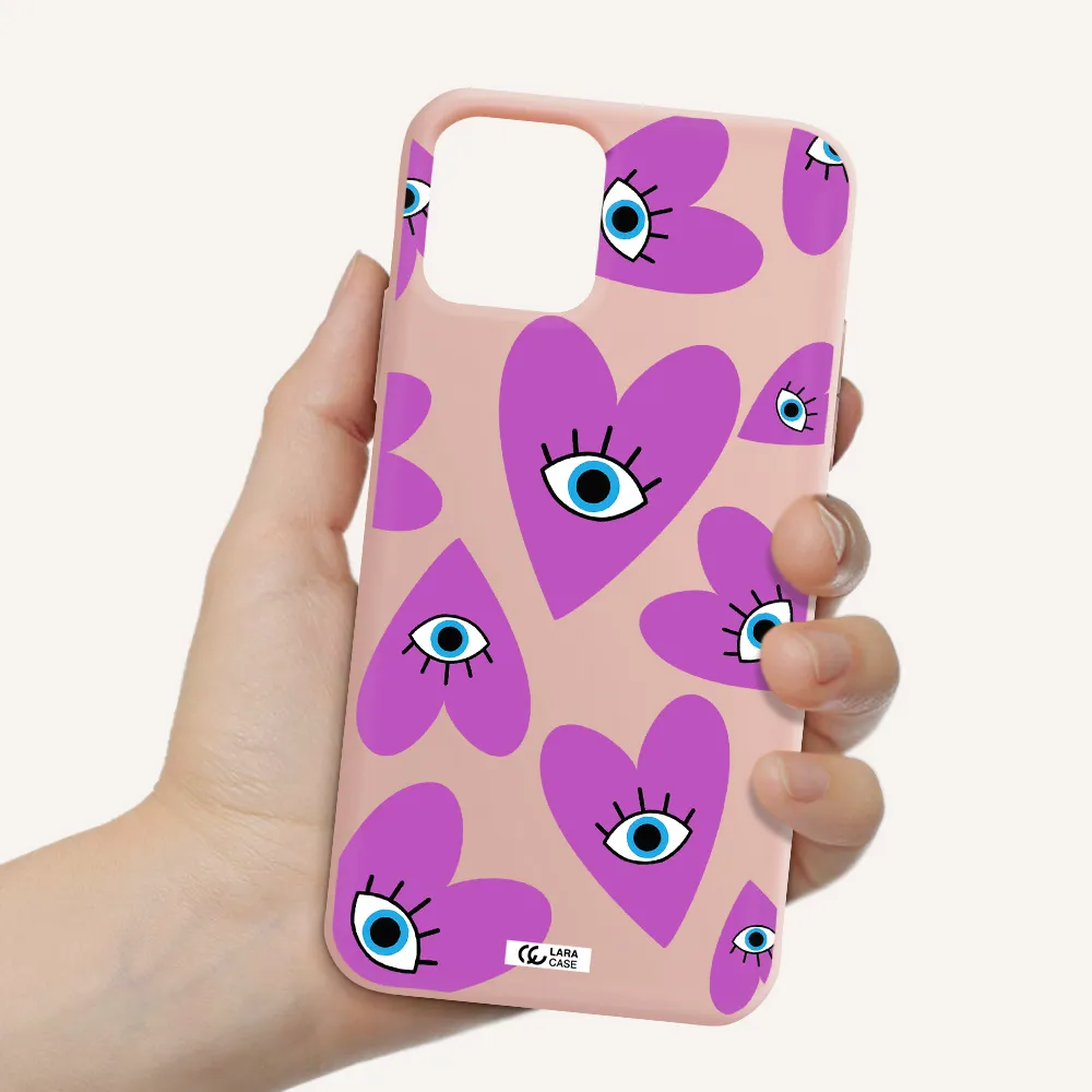 a purple heart with eyes and a black eye Apple iPhone 11 pro Silicone pastel pink Case