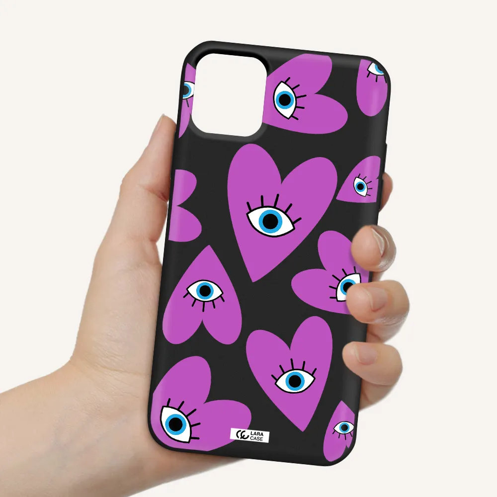 a purple heart with eyes and a black eye Apple iPhone 11 Silicone black Case