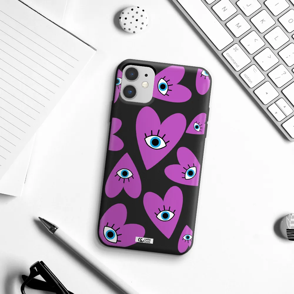 a purple heart with eyes and a black eye Apple iPhone 11 Silicone black Case
