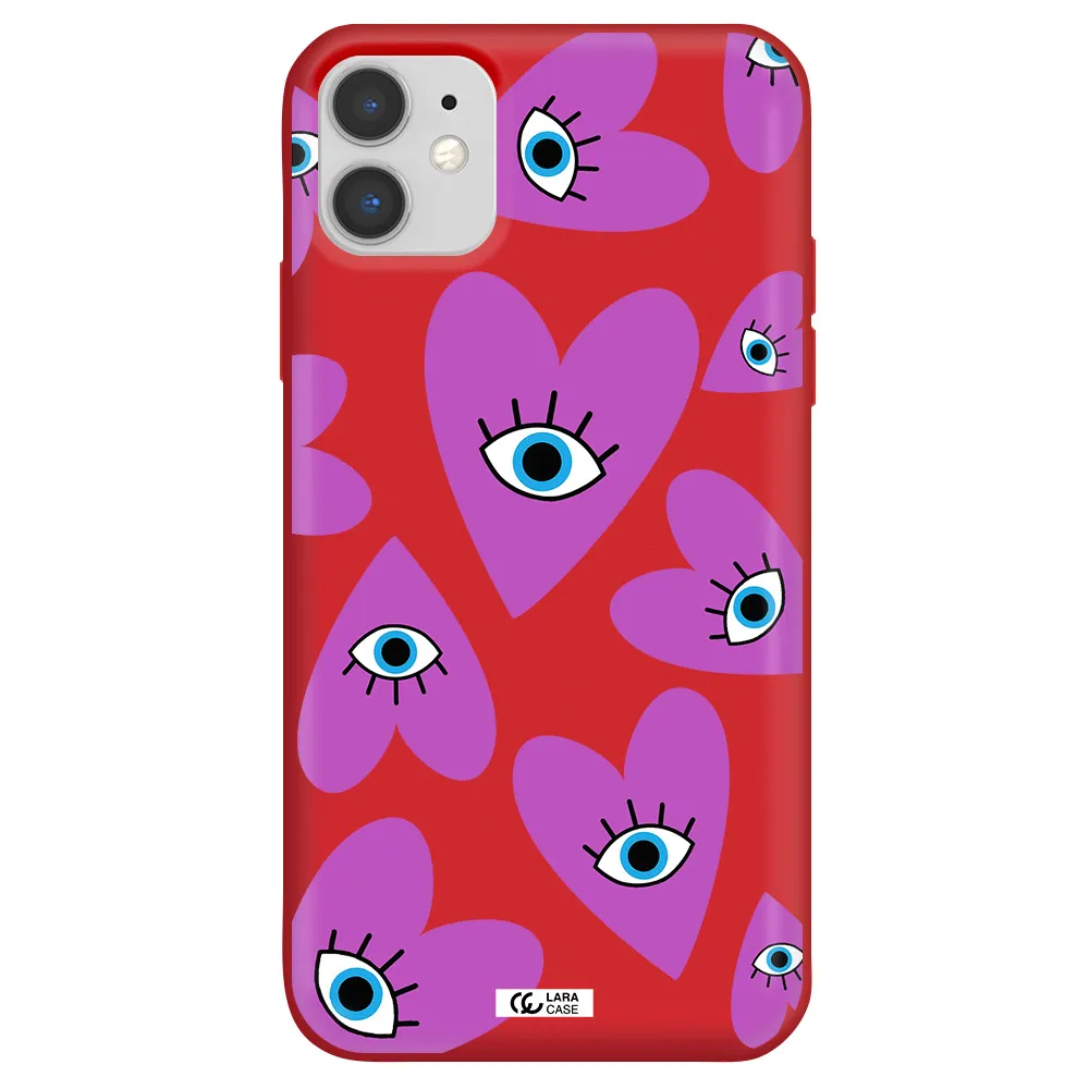 a purple heart with eyes and a black eye Apple iPhone 11 Silicone Imperial Red Case
