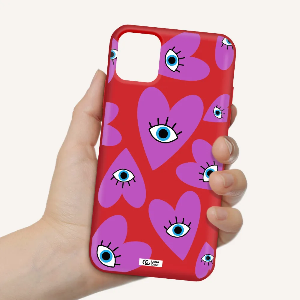 a purple heart with eyes and a black eye Apple iPhone 11 Silicone Imperial Red Case