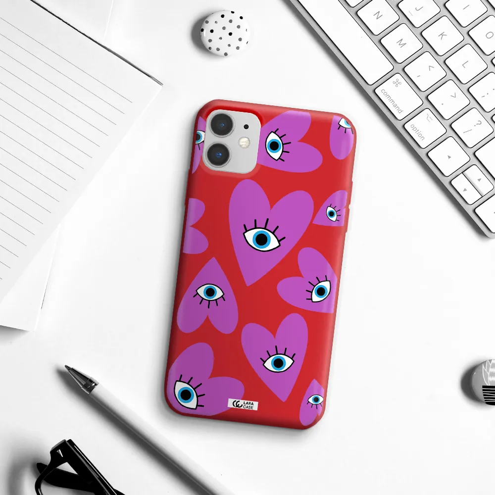 a purple heart with eyes and a black eye Apple iPhone 11 Silicone Imperial Red Case