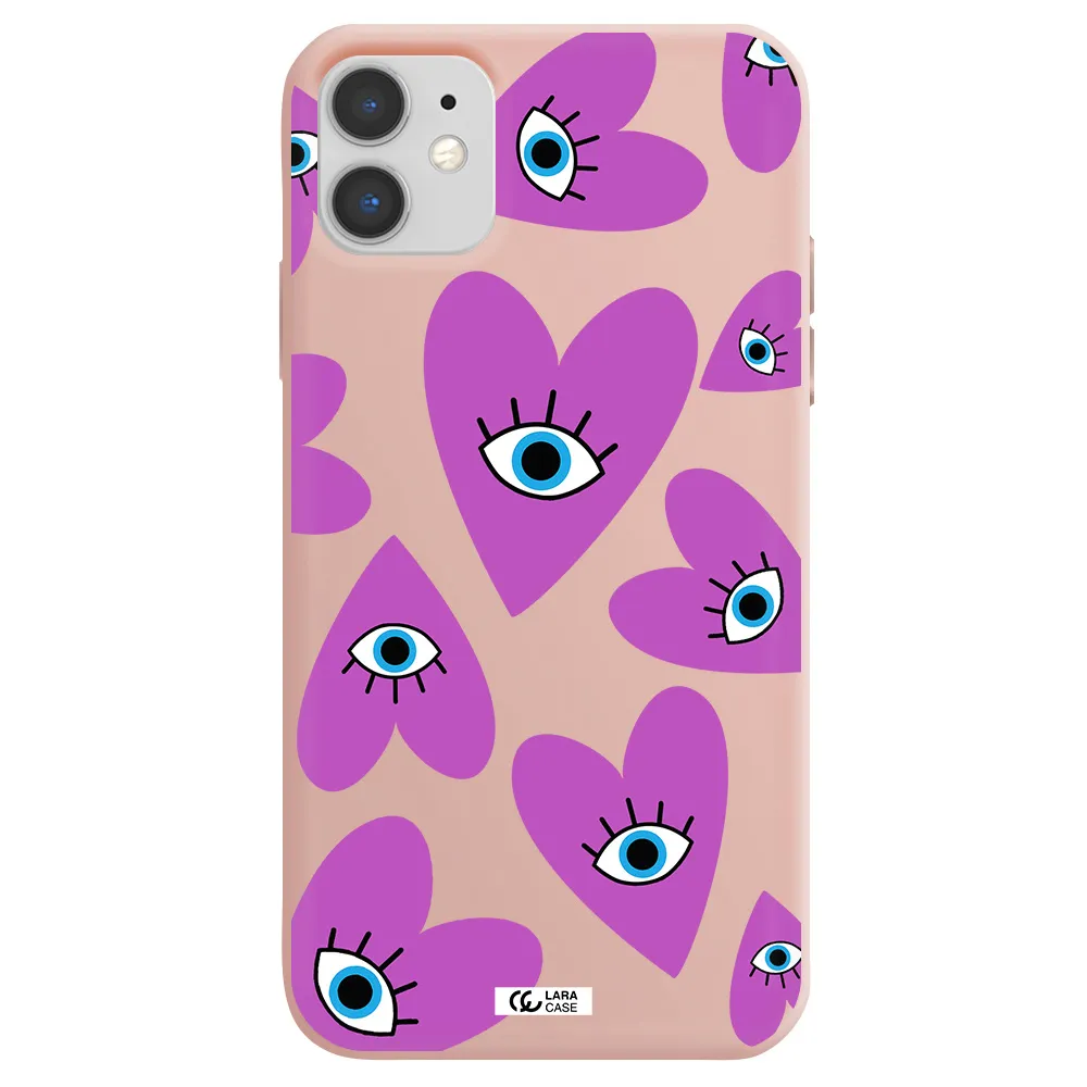 a purple heart with eyes and a black eye Apple iPhone 11 Silicone pastel pink Case