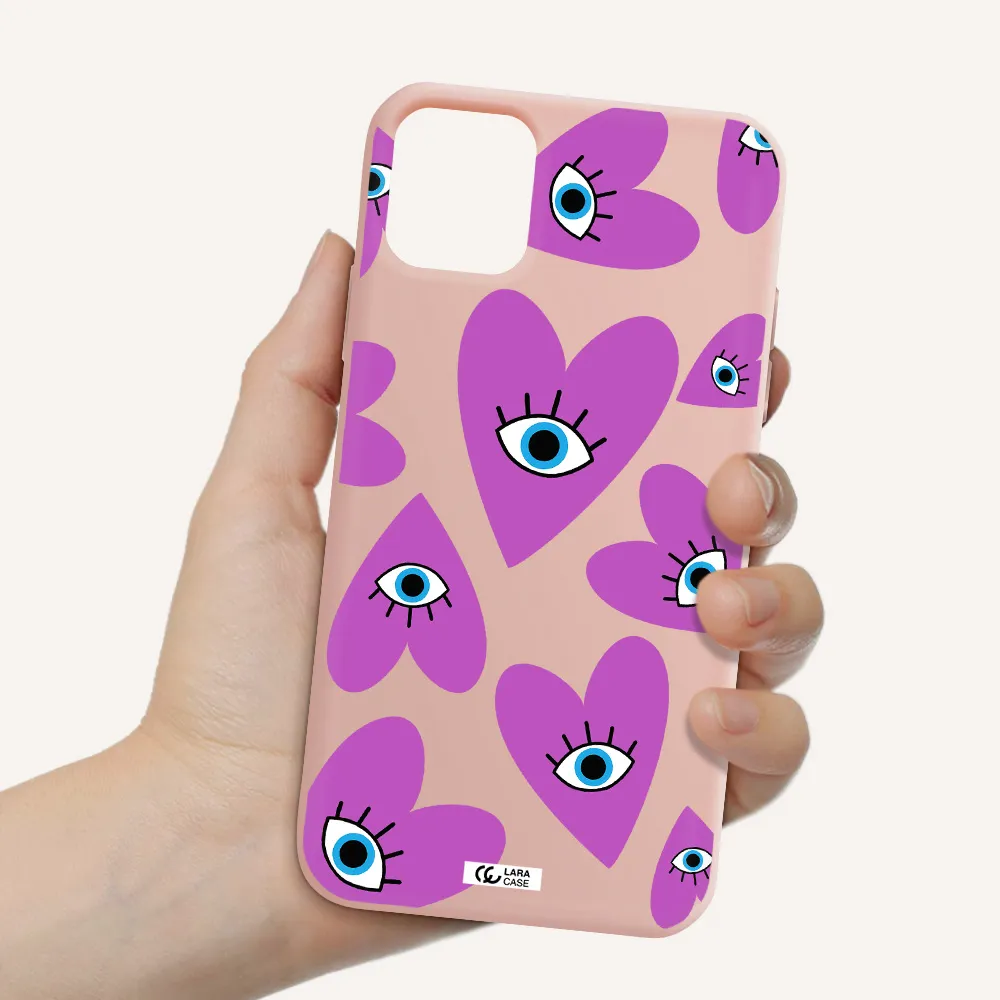 a purple heart with eyes and a black eye Apple iPhone 11 Silicone pastel pink Case