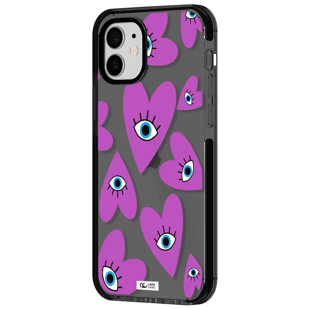 a purple heart with eyes and a black eye Apple iPhone 12 impact Smoke Black Case