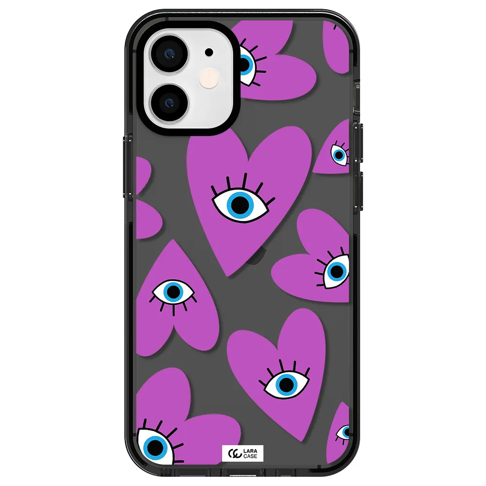 a purple heart with eyes and a black eye Apple iPhone 12 mini impact Smoke Black Case