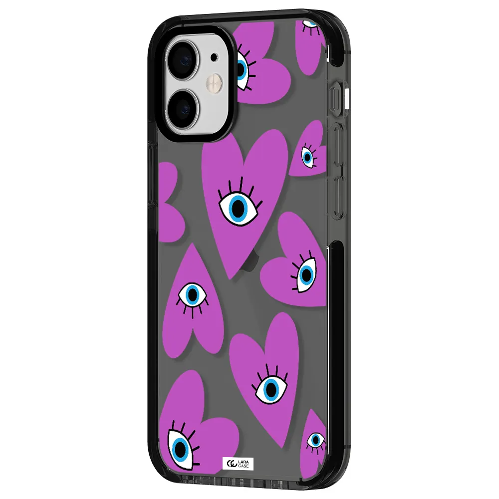 a purple heart with eyes and a black eye Apple iPhone 12 mini impact Smoke Black Case