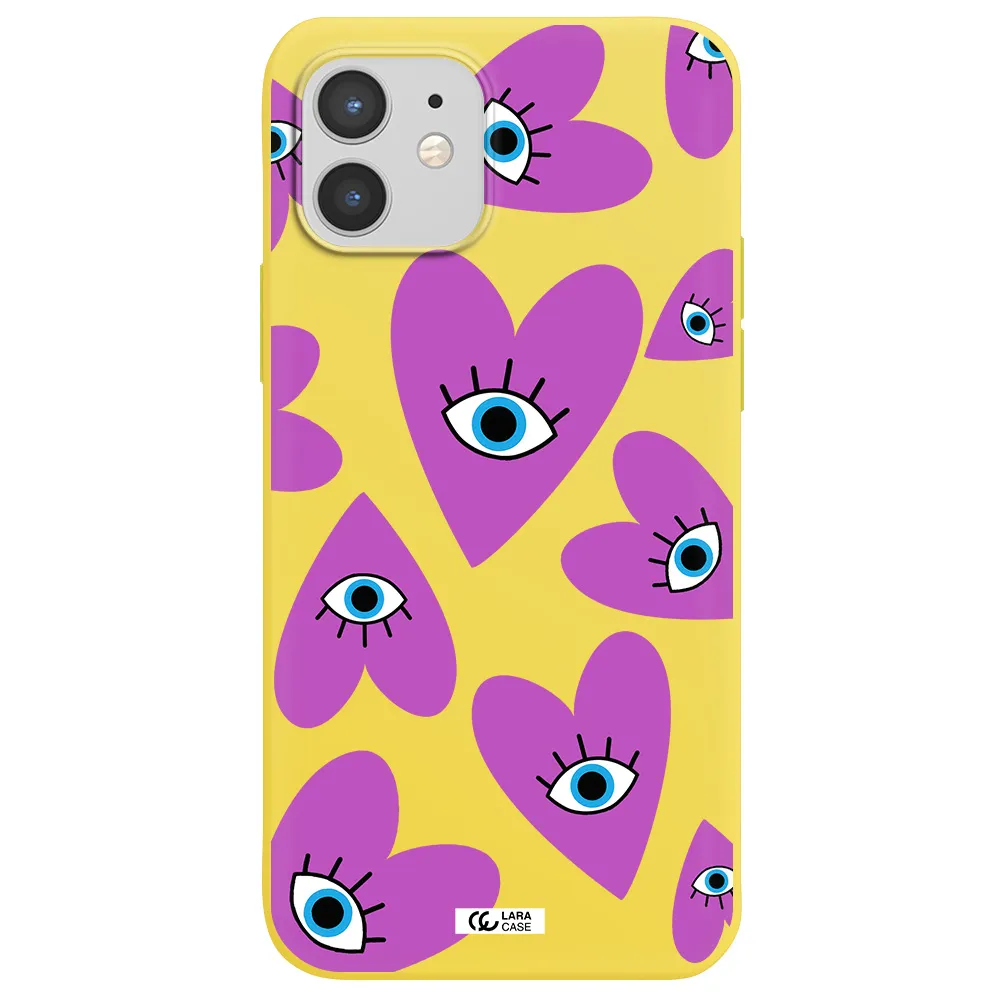 a purple heart with eyes and a black eye Apple iPhone 12 mini Silicone canary yellow Case
