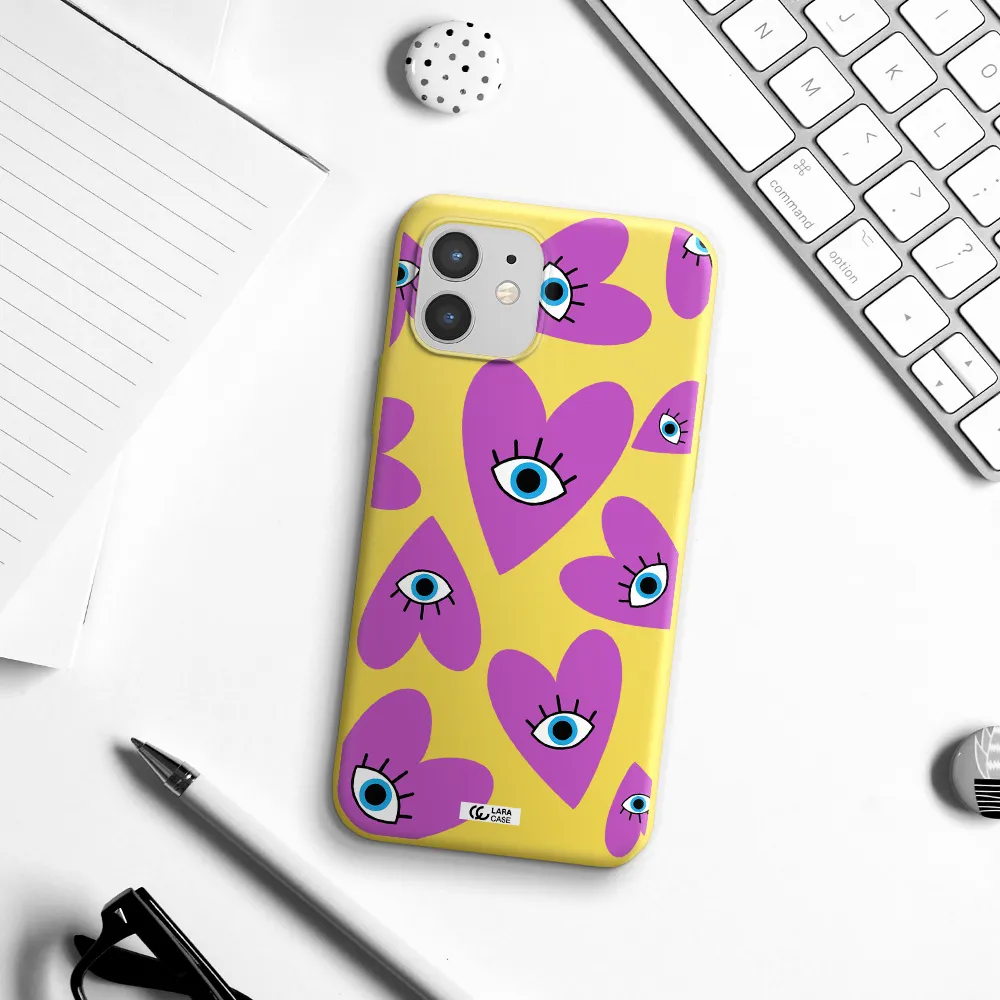 a purple heart with eyes and a black eye Apple iPhone 12 mini Silicone canary yellow Case