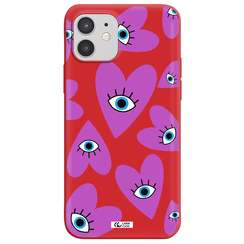 a purple heart with eyes and a black eye Apple iPhone 12 mini Silicone Imperial Red Case