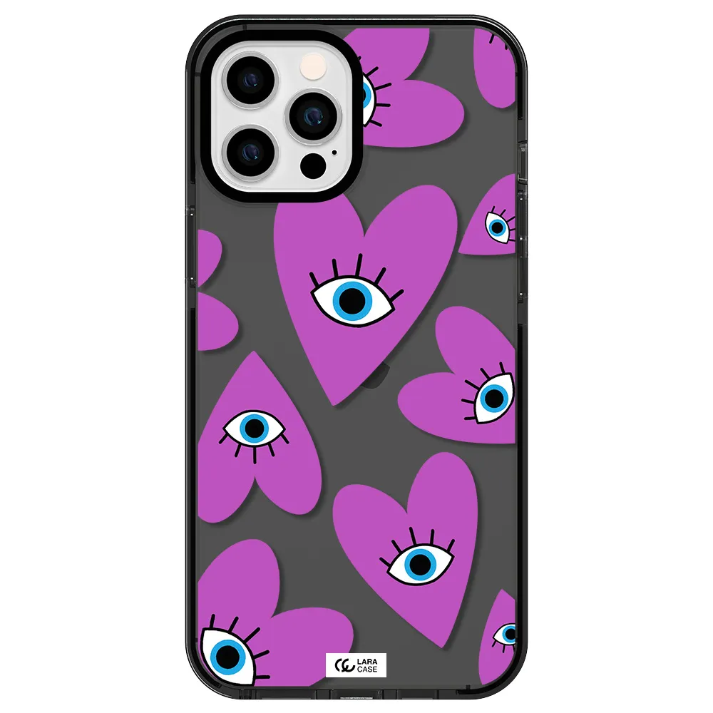 a purple heart with eyes and a black eye Apple iPhone 12 pro max impact Smoke Black Case