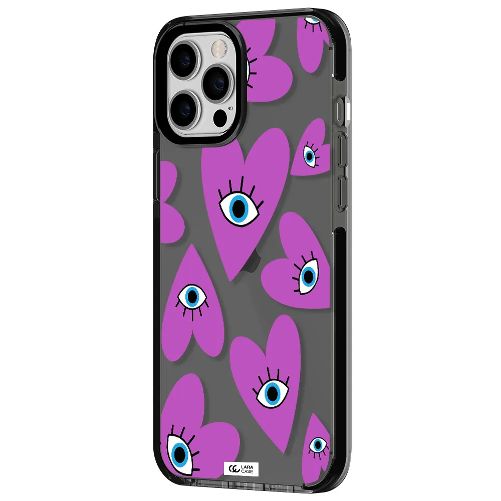 a purple heart with eyes and a black eye Apple iPhone 12 pro max impact Smoke Black Case