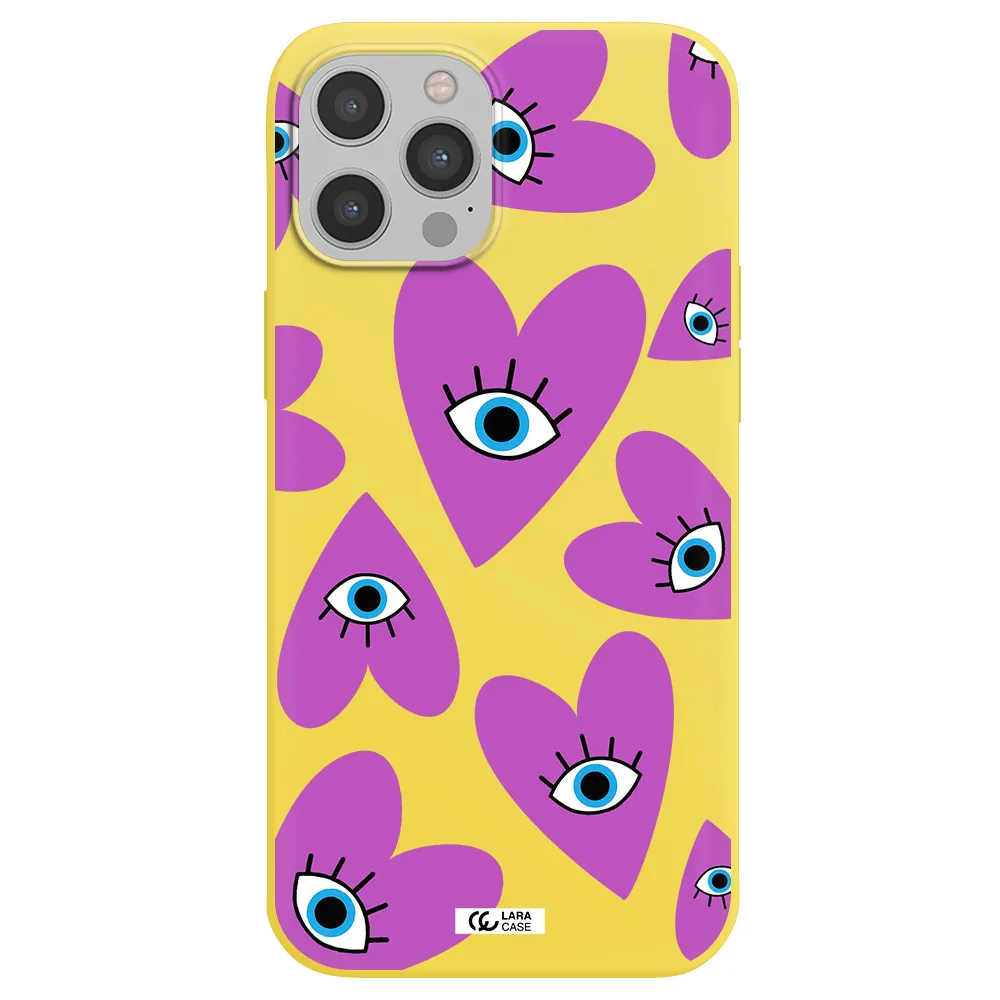 a purple heart with eyes and a black eye Apple iPhone 12 pro max Silicone canary yellow Case