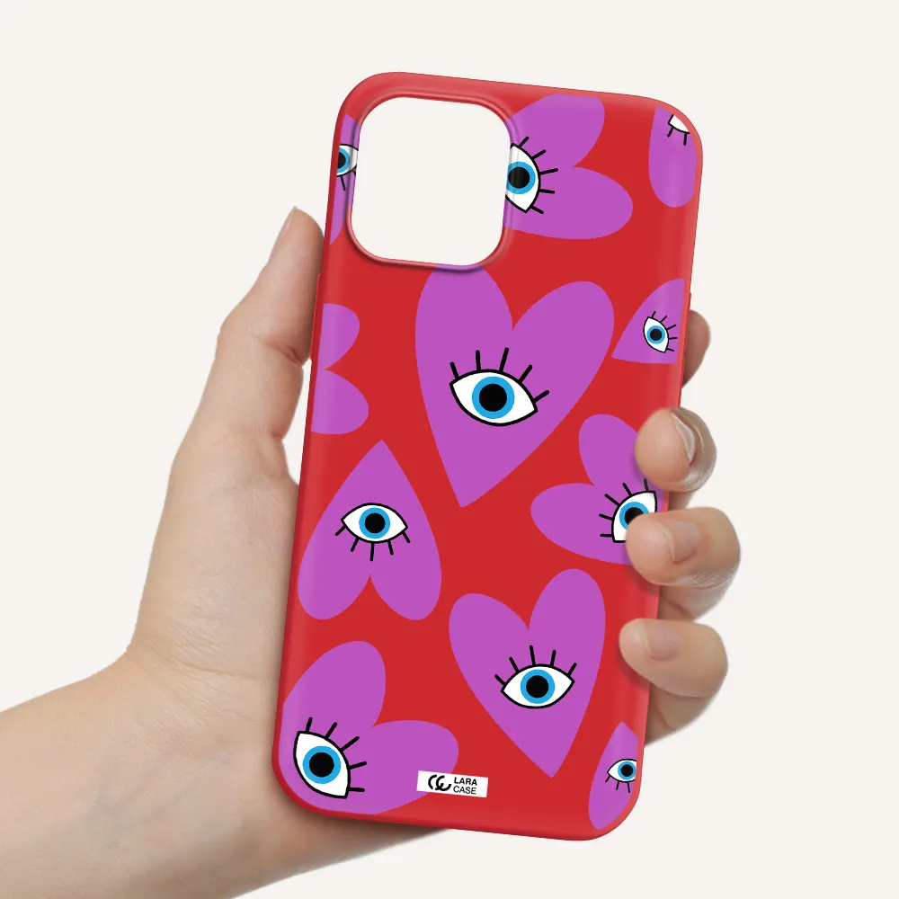 a purple heart with eyes and a black eye Apple iPhone 12 pro max Silicone Imperial Red Case