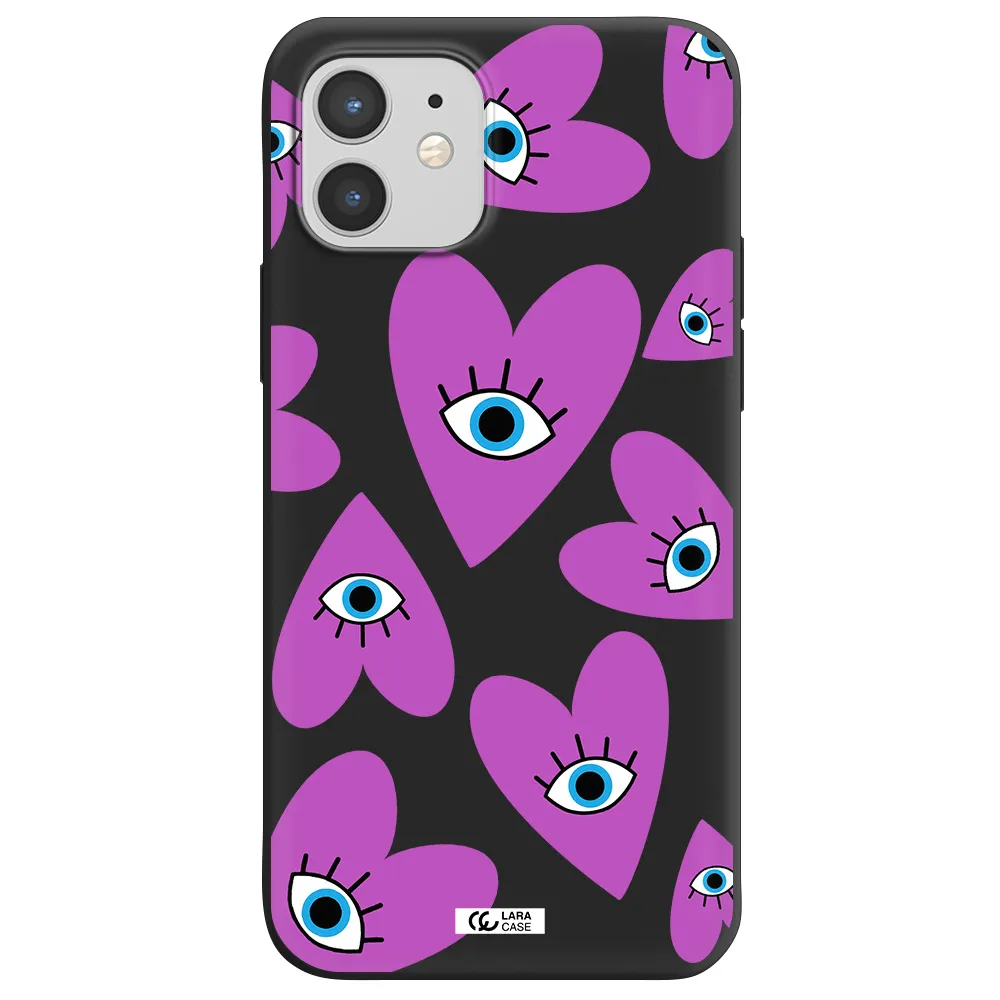 a purple heart with eyes and a black eye Apple iPhone 12 Silicone black Case