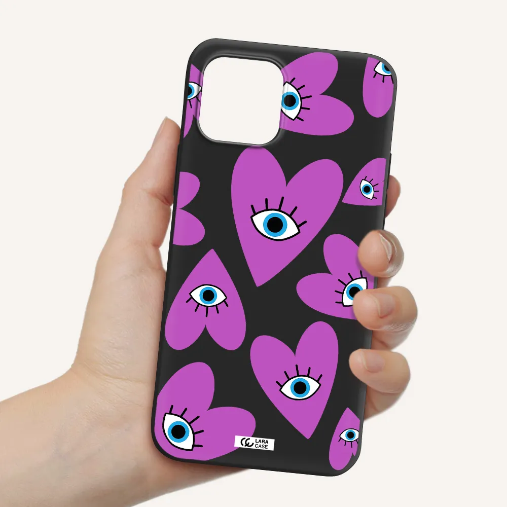 a purple heart with eyes and a black eye Apple iPhone 12 Silicone black Case