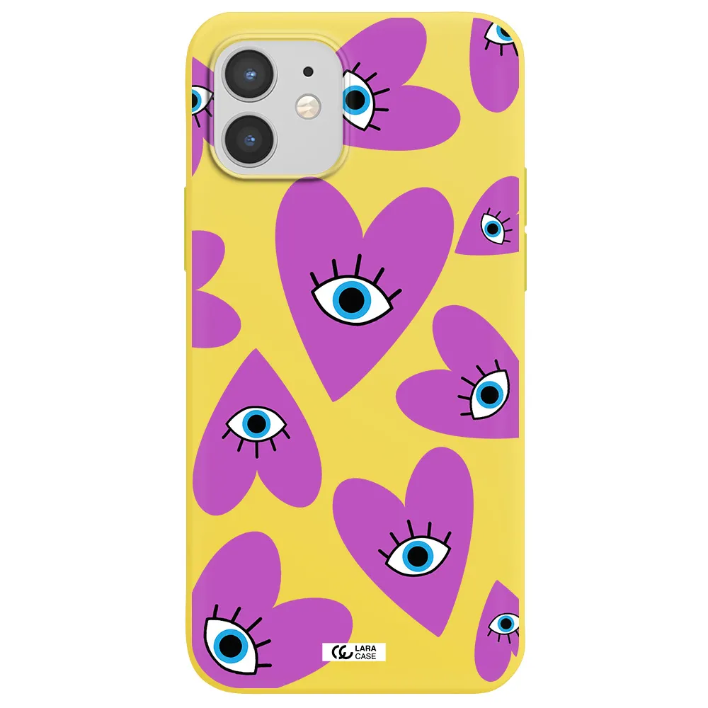 a purple heart with eyes and a black eye Apple iPhone 12 Silicone canary yellow Case